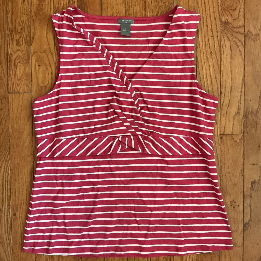 Ann Taylor Cotton Sleveless Shirt Red Striped Size Large Summer Vacation